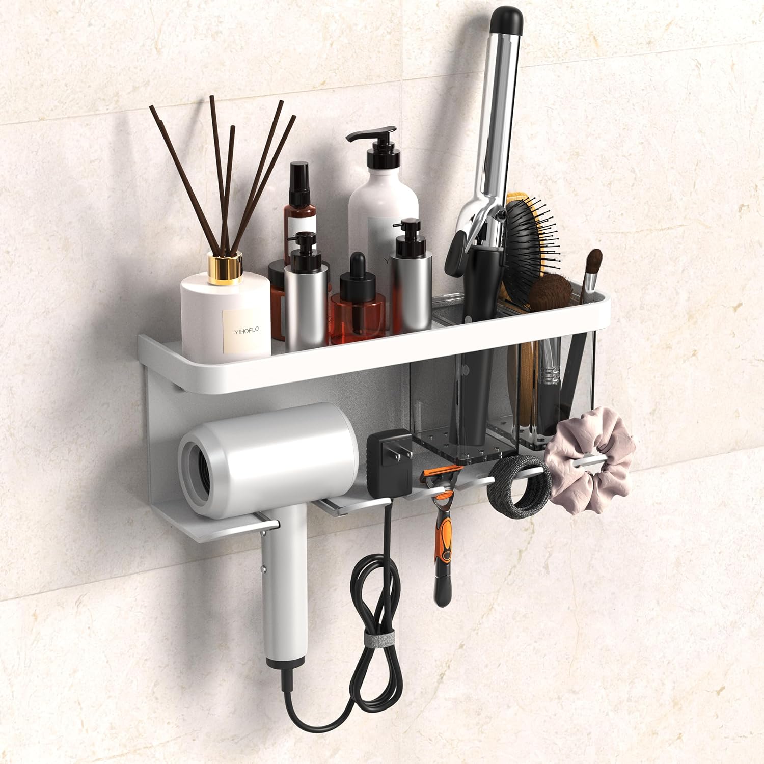 Suporte para secador de cabelo, adesivo/perfuração, organizador de armazenamento de secador de cabelo com prateleira e ganchos para banheiro, suporte de secador de cabelo, organizador de