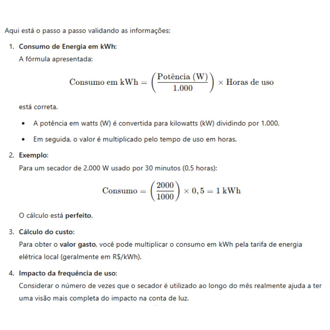 Calcular o consumo de energia do secador